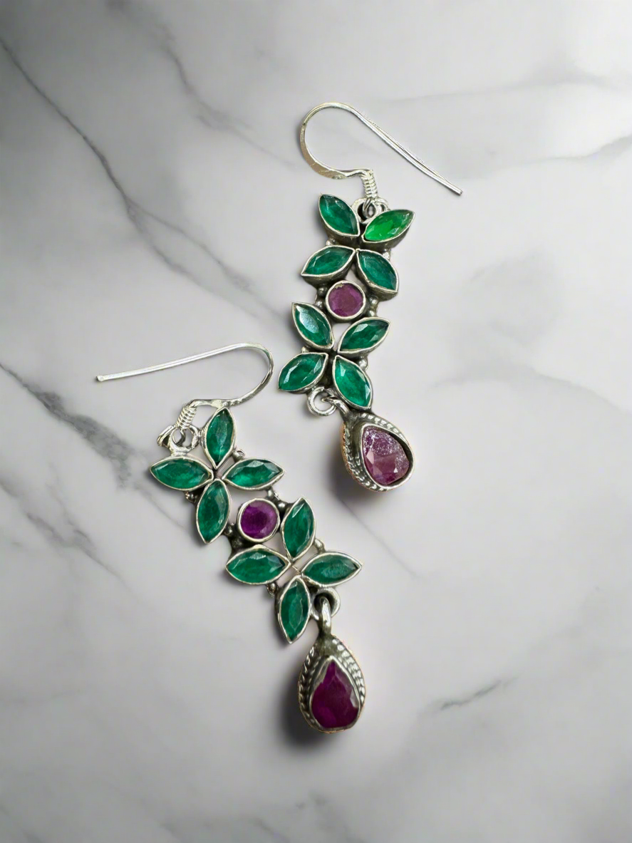 Silver Red Green Hanging Earrings