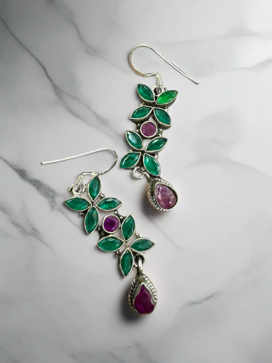 Silver 92.5 Red Green Hanging Earrings