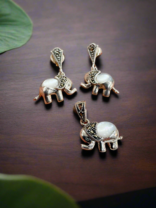 Gajmoti Mother of Pearl & Marcasite 92.5 Silver Earrings & Pendant Set