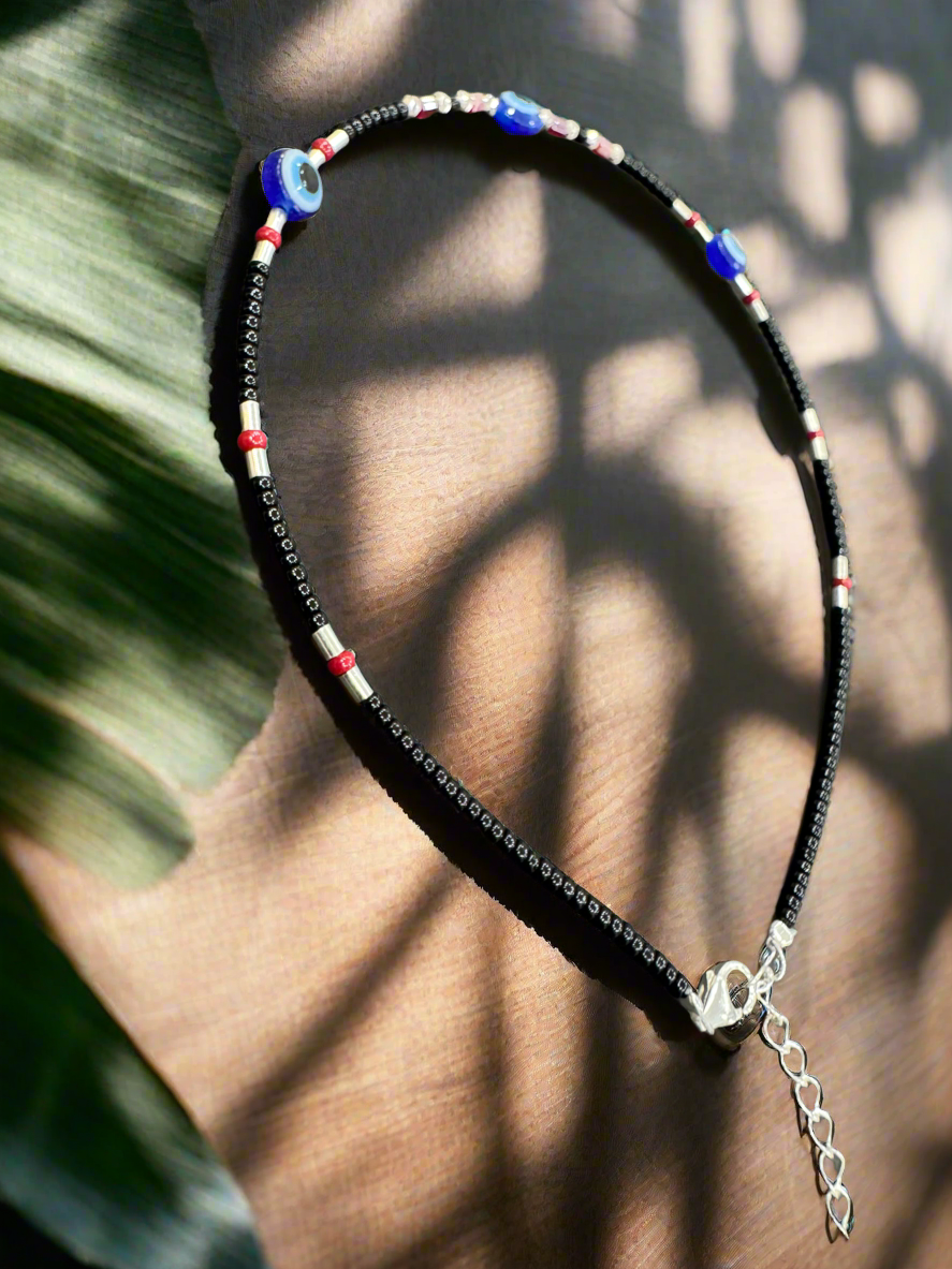 92.5 Silver Evil Eye Black String Light Weight Single Anklet