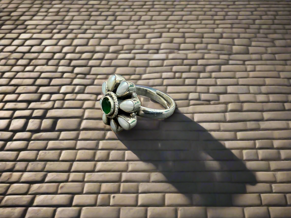 Silver 92.5 Round Stone and Pearls Ring (Adjustable Size)