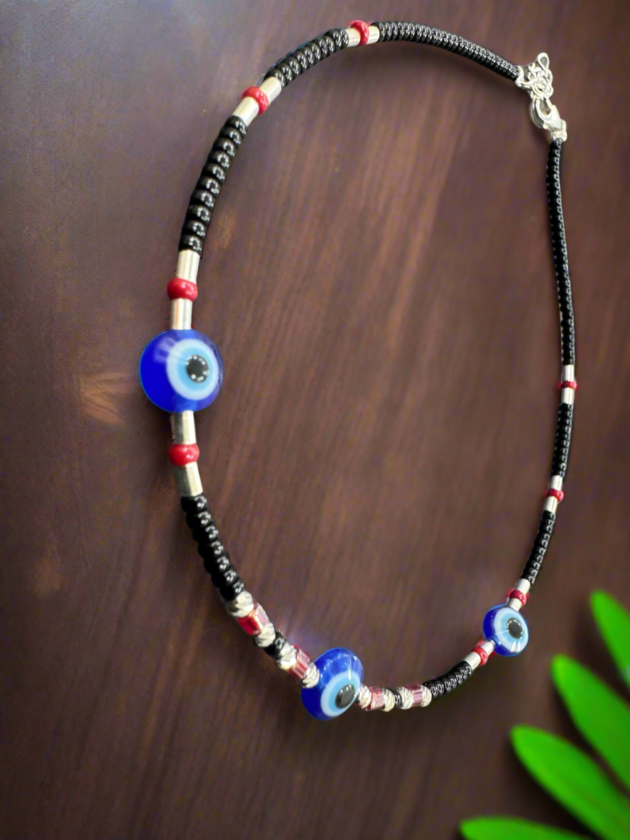 92.5 Silver Evil Eye Black String Light Weight Single Anklet