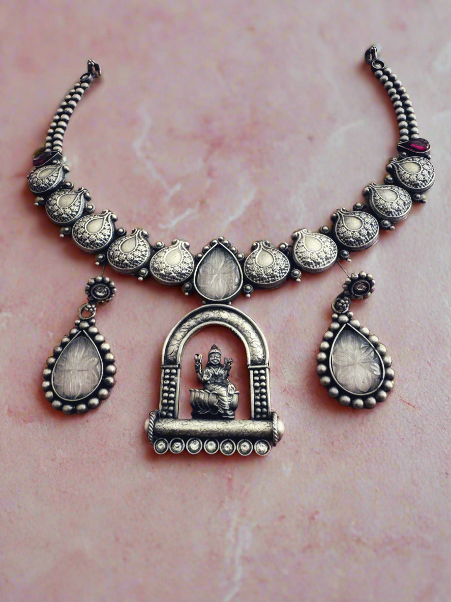 Antique Silver Saraswati Temple Necklace Set