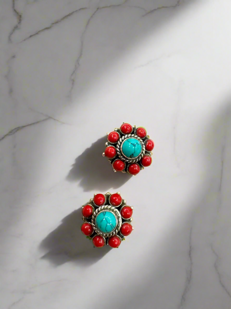 Silver 92.5 Red Turquoise Round Earrings