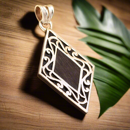 Silver Ebony Wood Diamond-Shaped Pendant