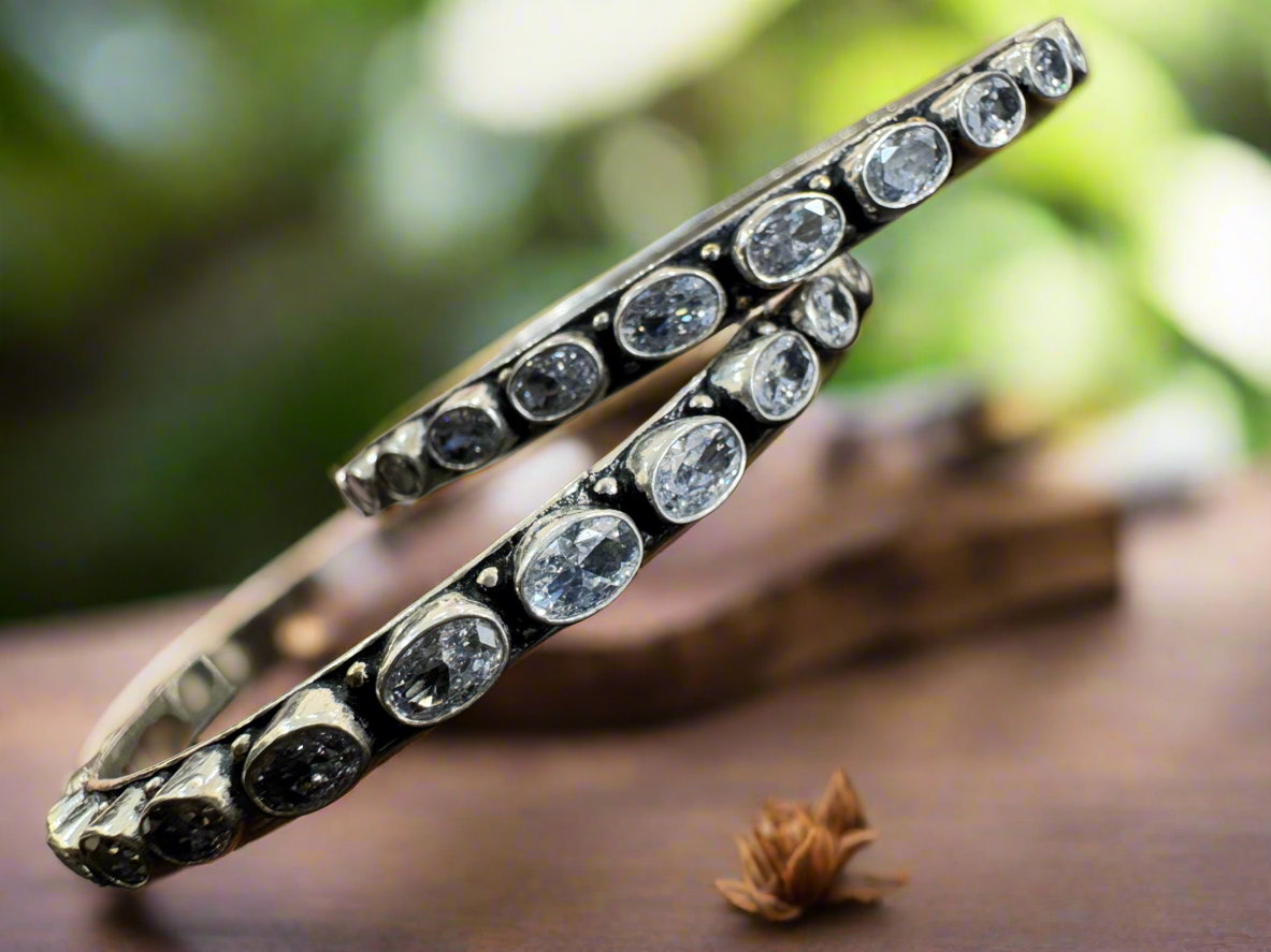 92.5 Silver Bangles With Stones - Pair