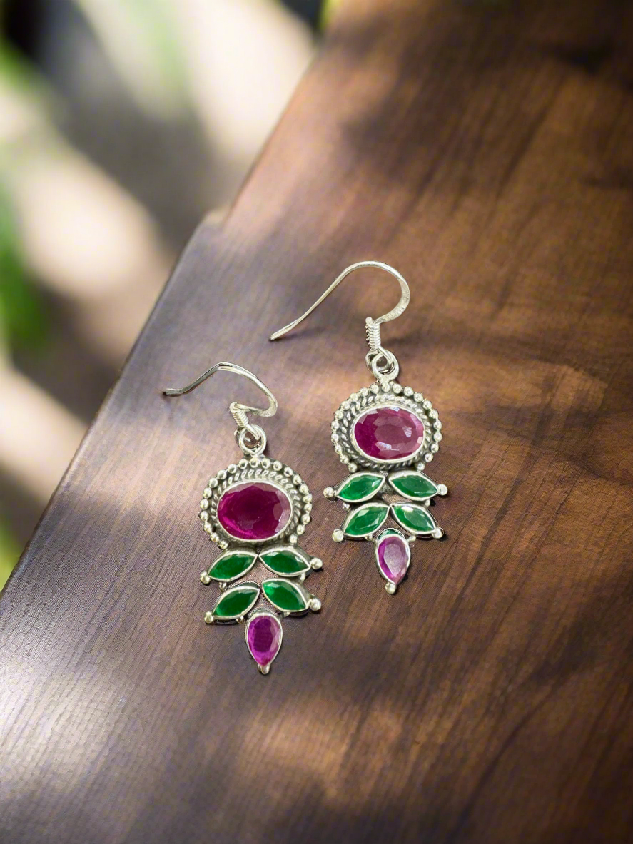 Silver Pink Green Hanging Earrings