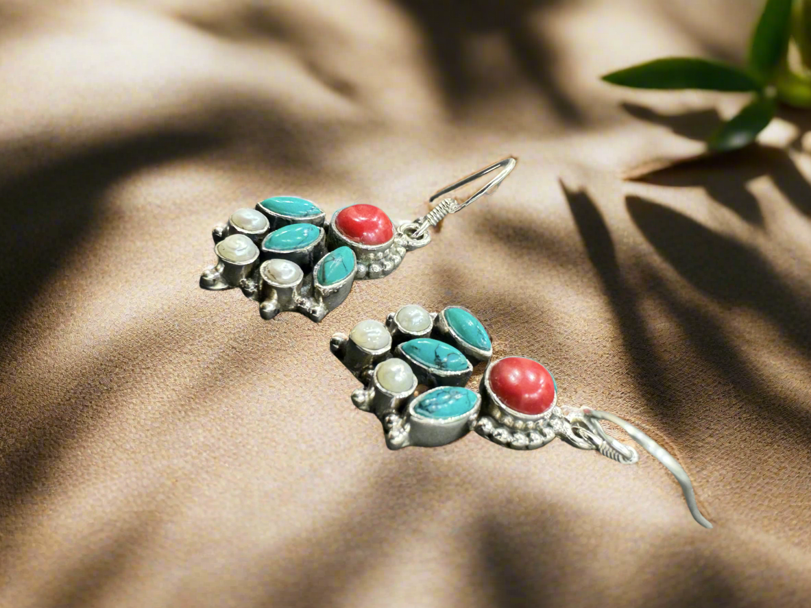 92.5 Silver Pearl Turquoise Red Hanging Earrings