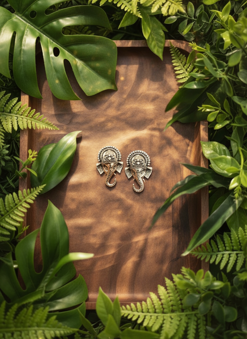 Vighnaharta 92.5 Silver Ganesha Studs - Temple Earrings Handcrafted
