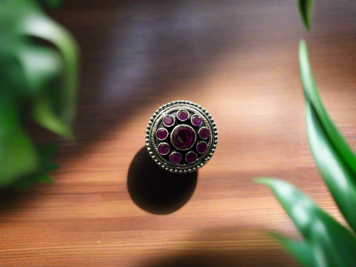 92.5 Silver Pink Round Stone Ring (Adjustable Size)