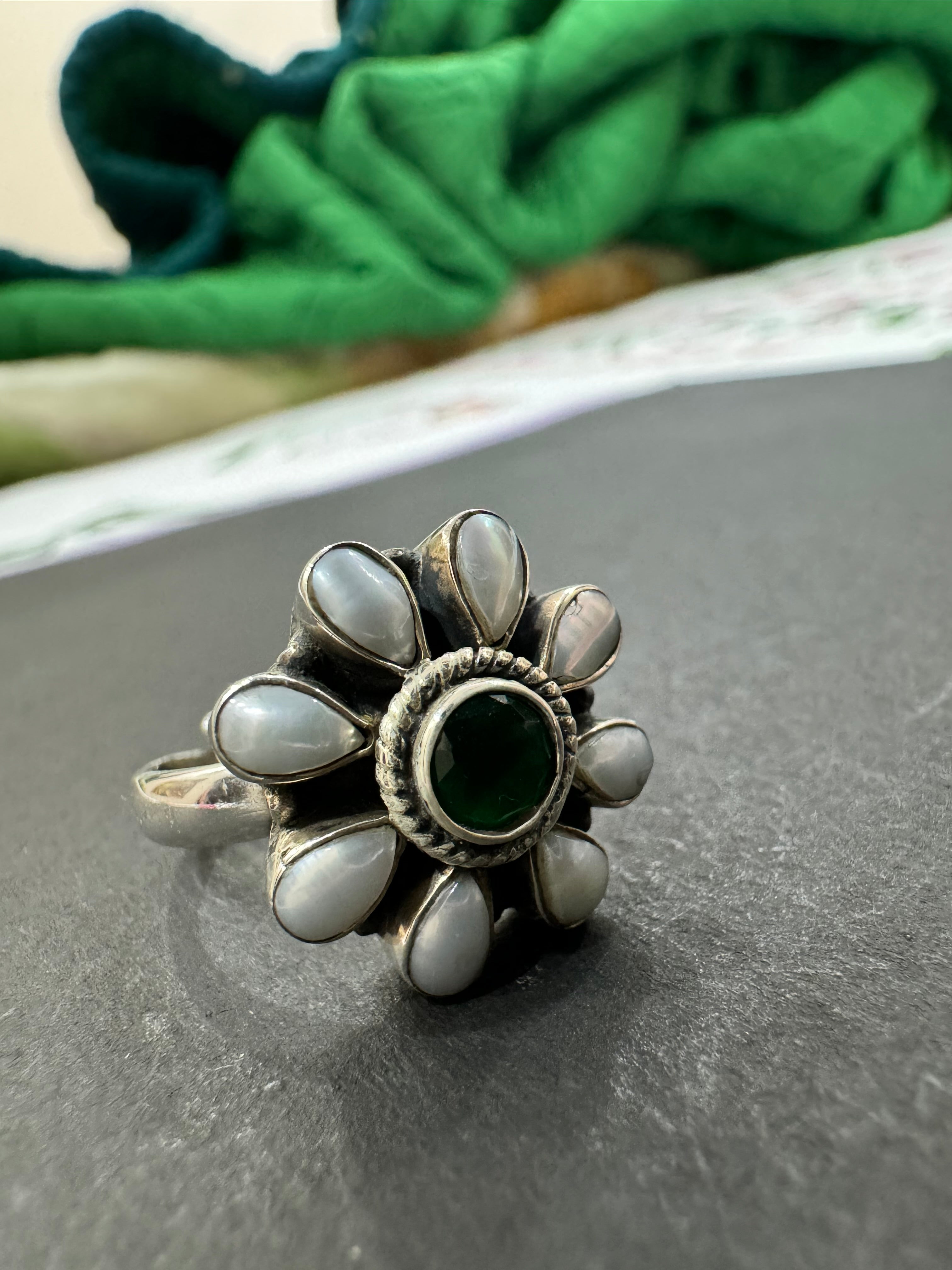 Silver 92.5 Round Stone and Pearls Ring (Adjustable Size)