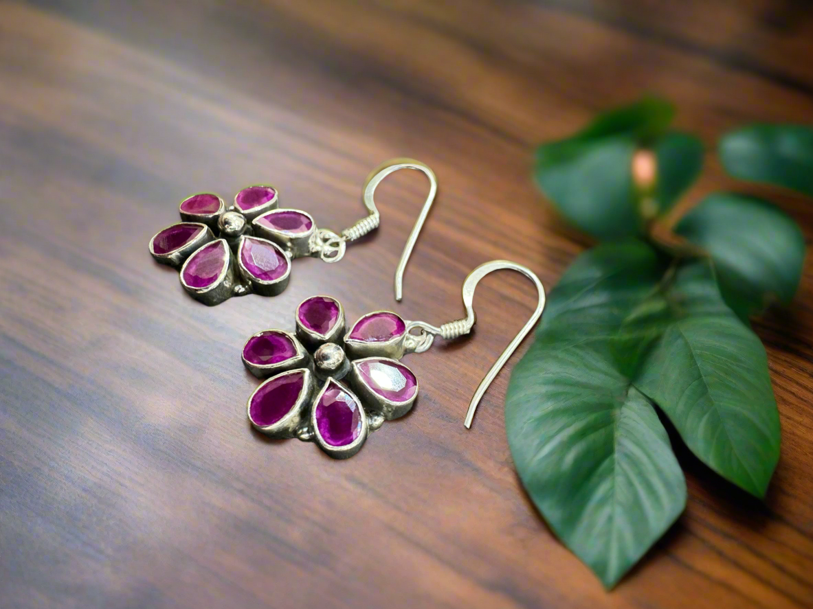 Silver Dark Pink Hanging Earrings