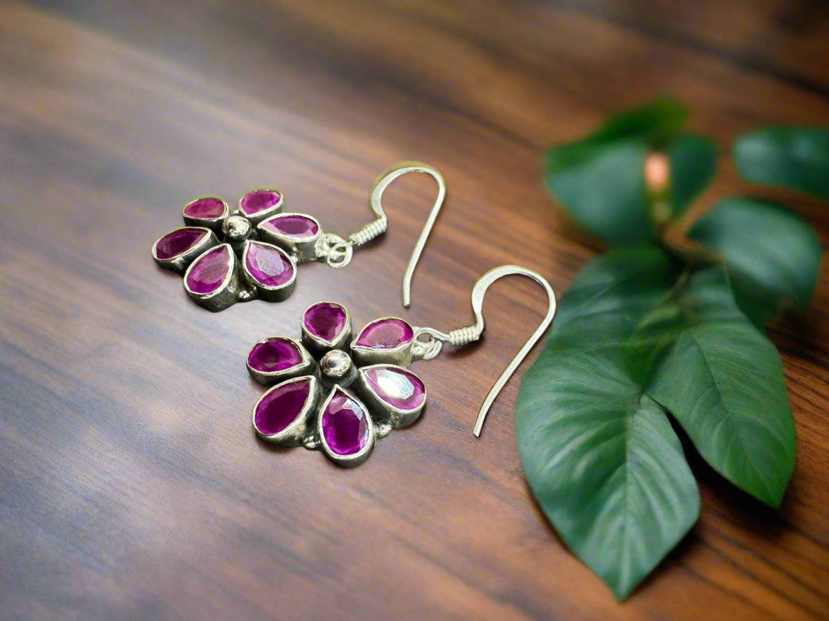 92.5 Silver Dark Pink Hanging Earrings