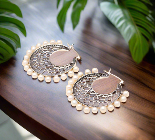 92.5 Silver Pearl Chand Bali Earrings