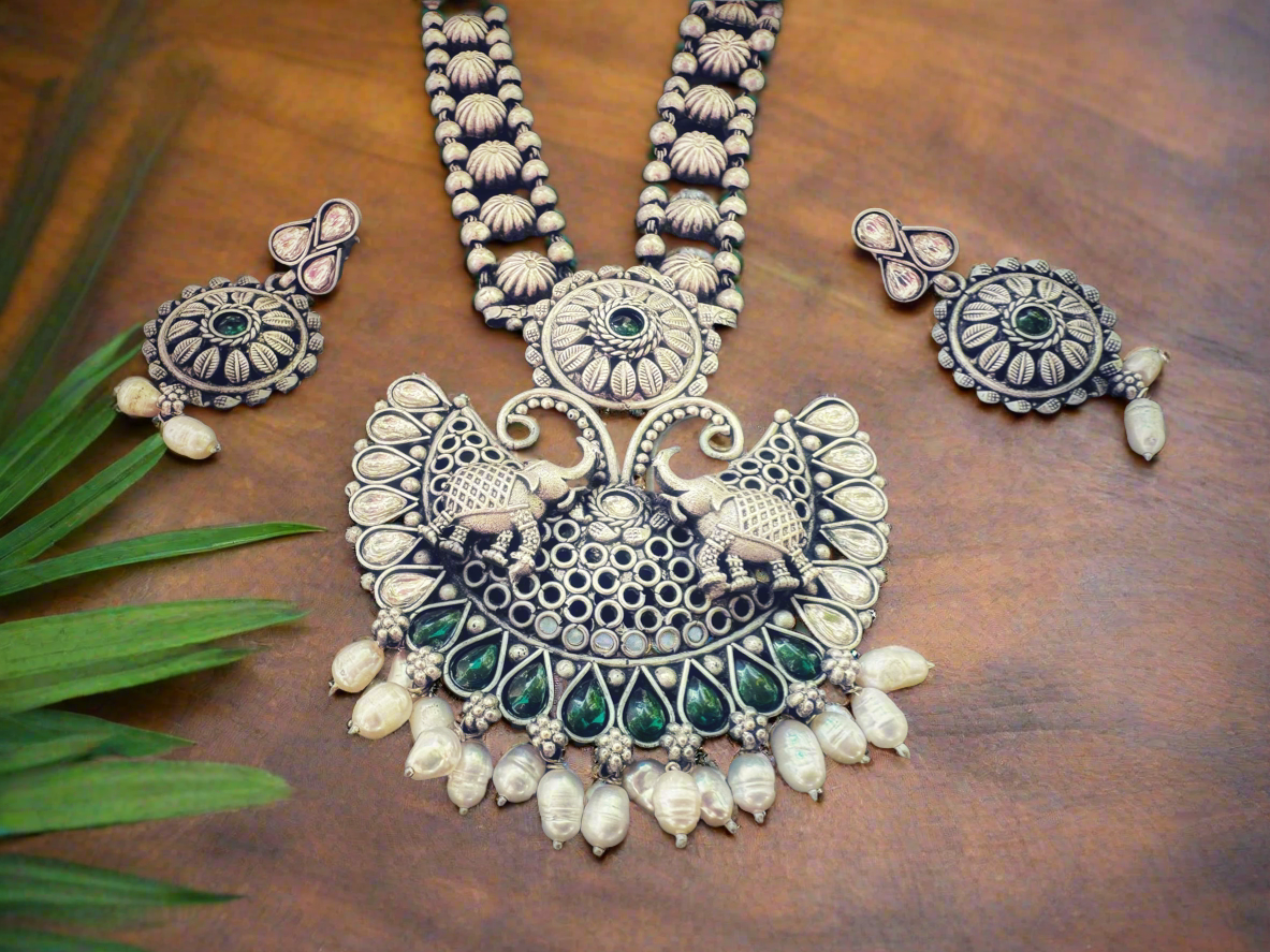 Antique 92.5 Silver Elephants Temple Necklace Set