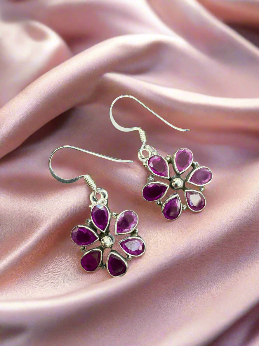 92.5 Silver Dark Pink Hanging Earrings