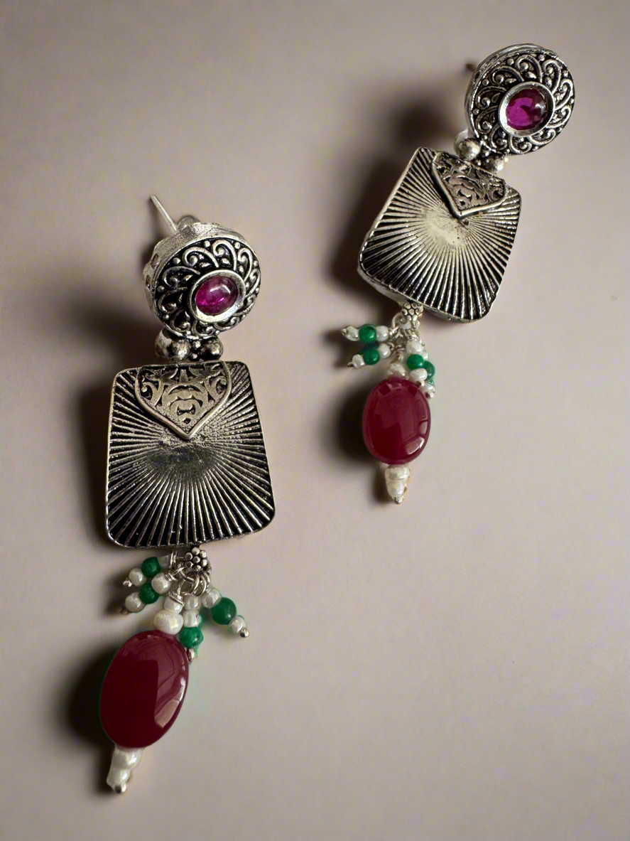 Antique 92.5 Silver Surya Trapezium Temple Earrings