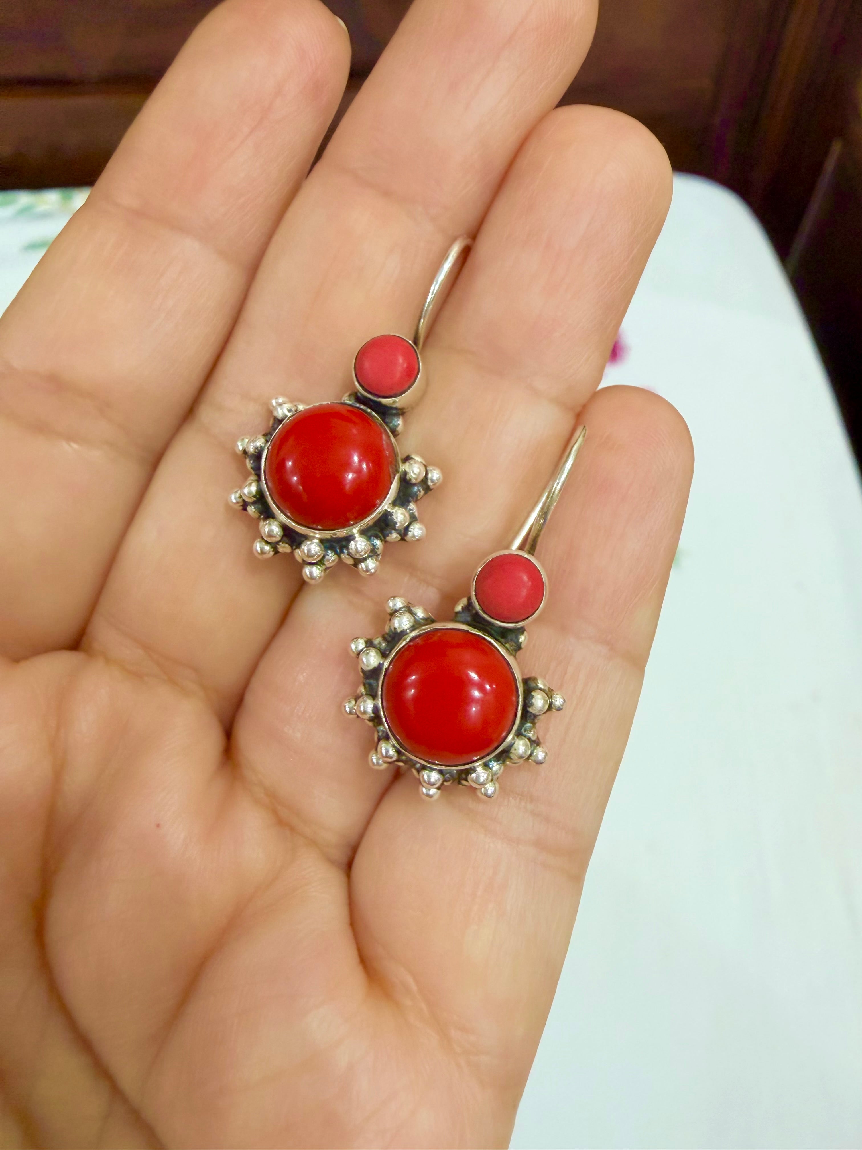 925 Silver Red Betel Hanging Earrings