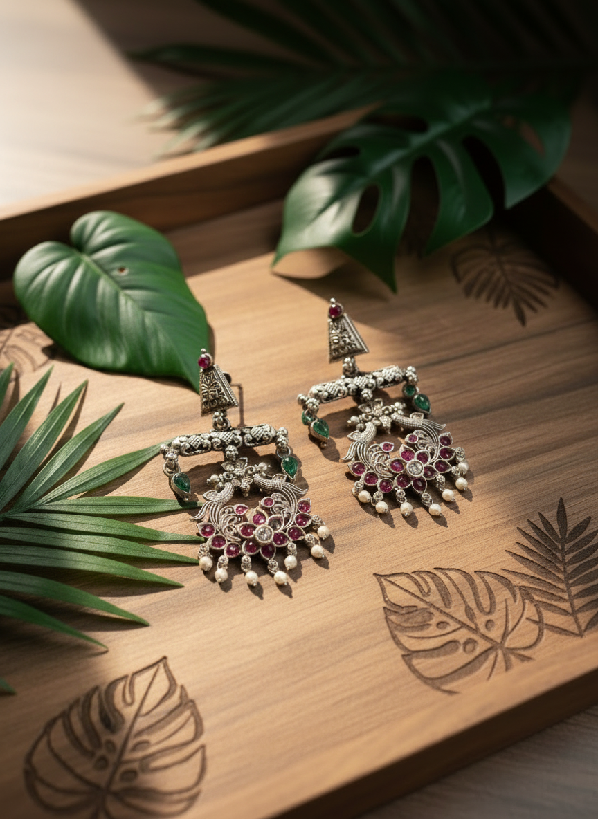 Antique 92.5 Silver Venu Vilas Flute of Grace Temple Earrings