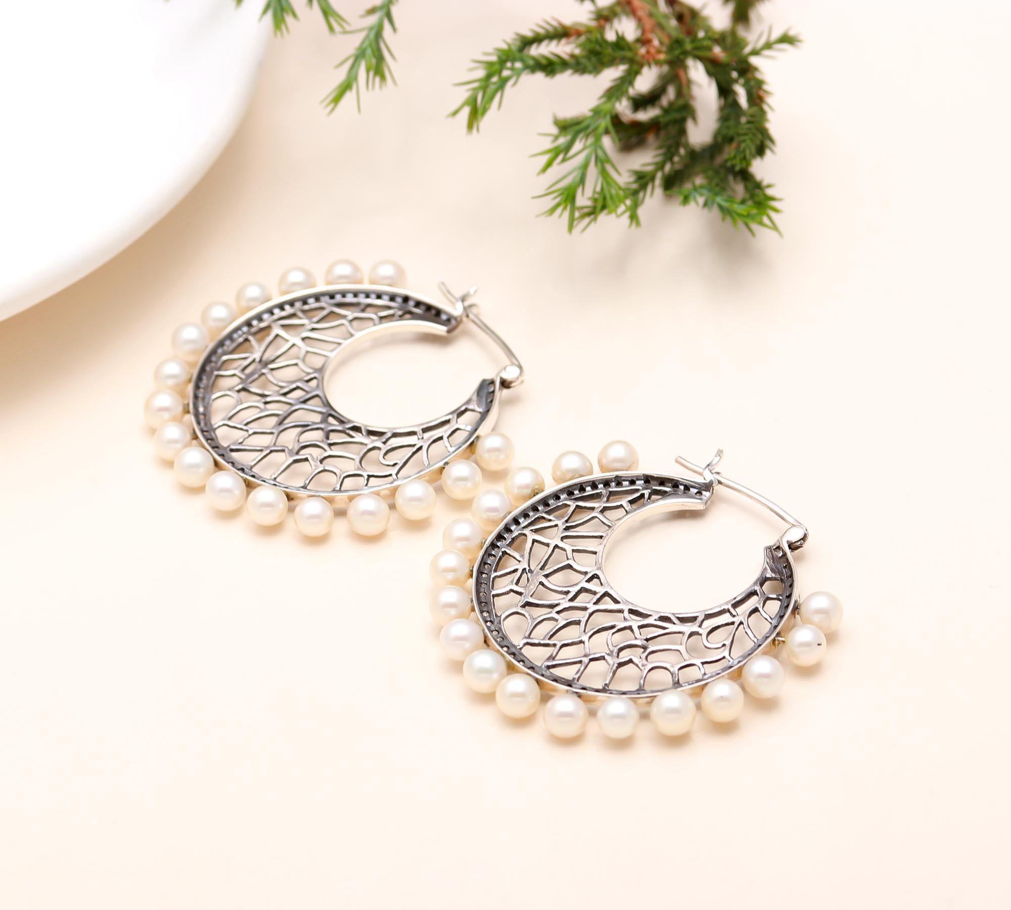 92.5 Silver Pearl Chand Bali Earrings