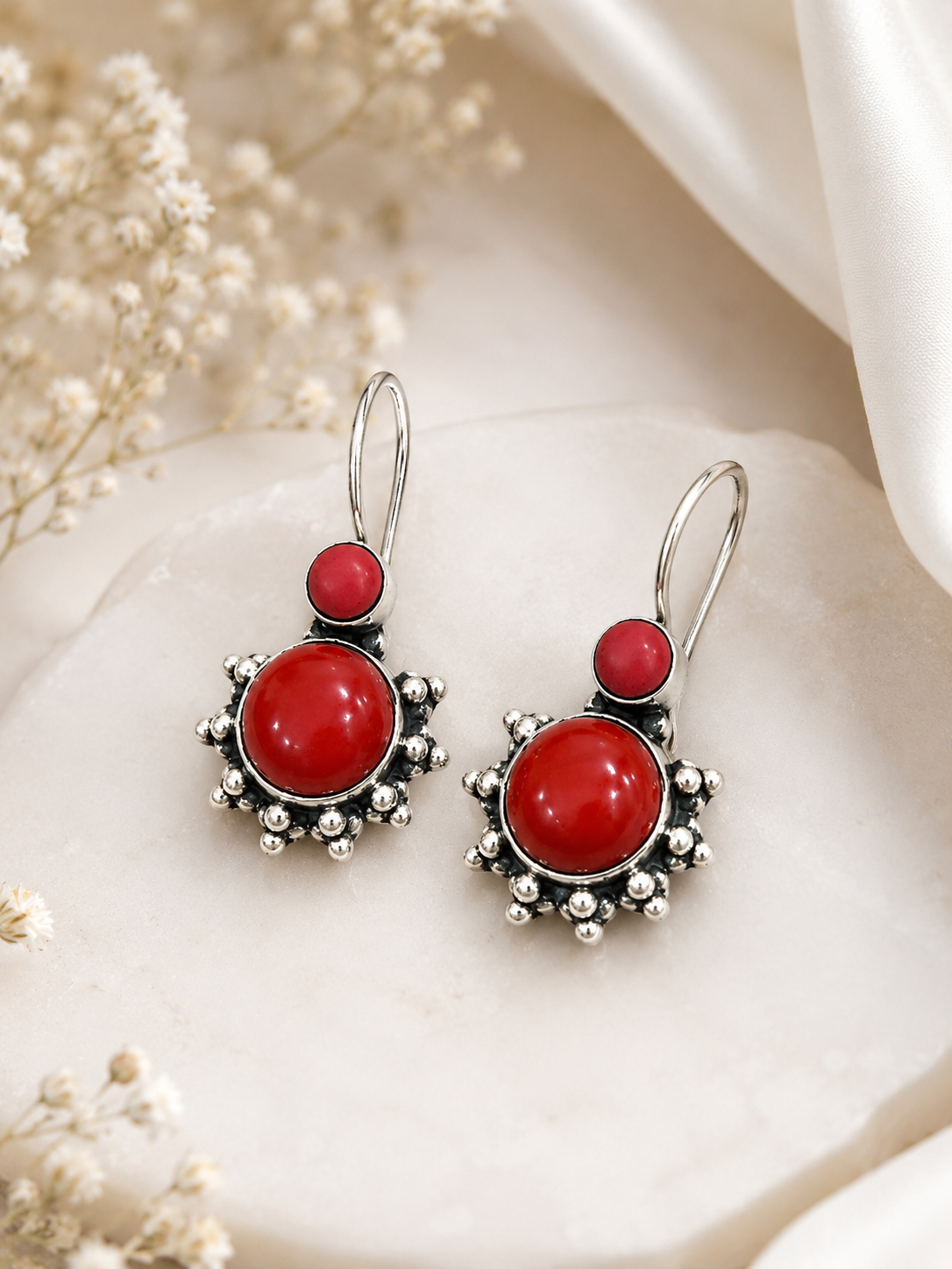 925 Silver Red Betel Hanging Earrings