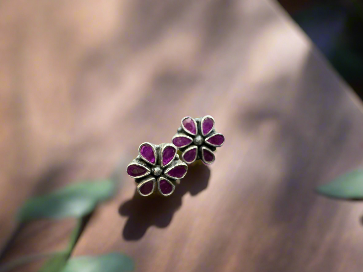 92.5 Silver Turquoise And Pink  Round Earrings