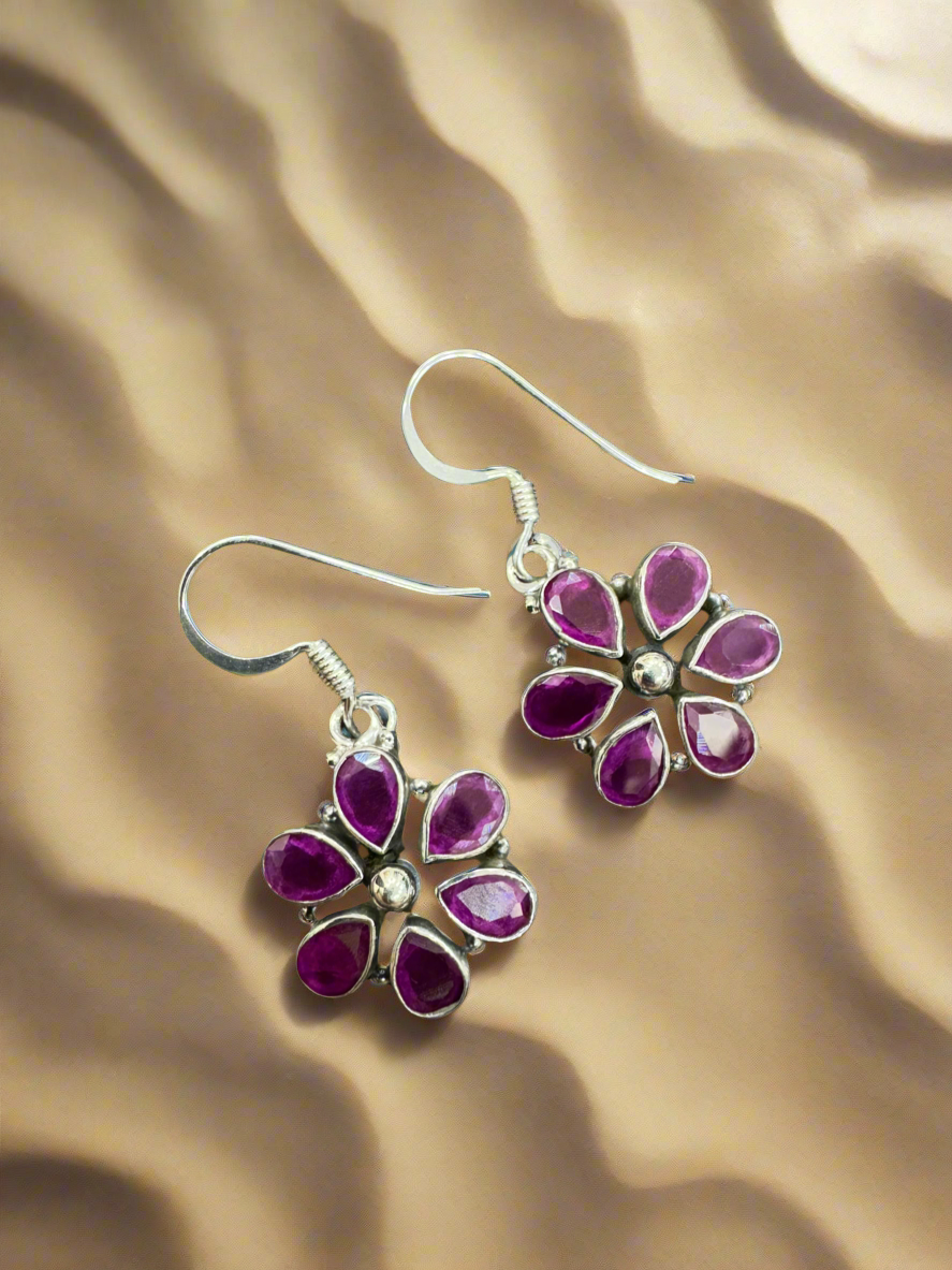 Silver Dark Pink Hanging Earrings