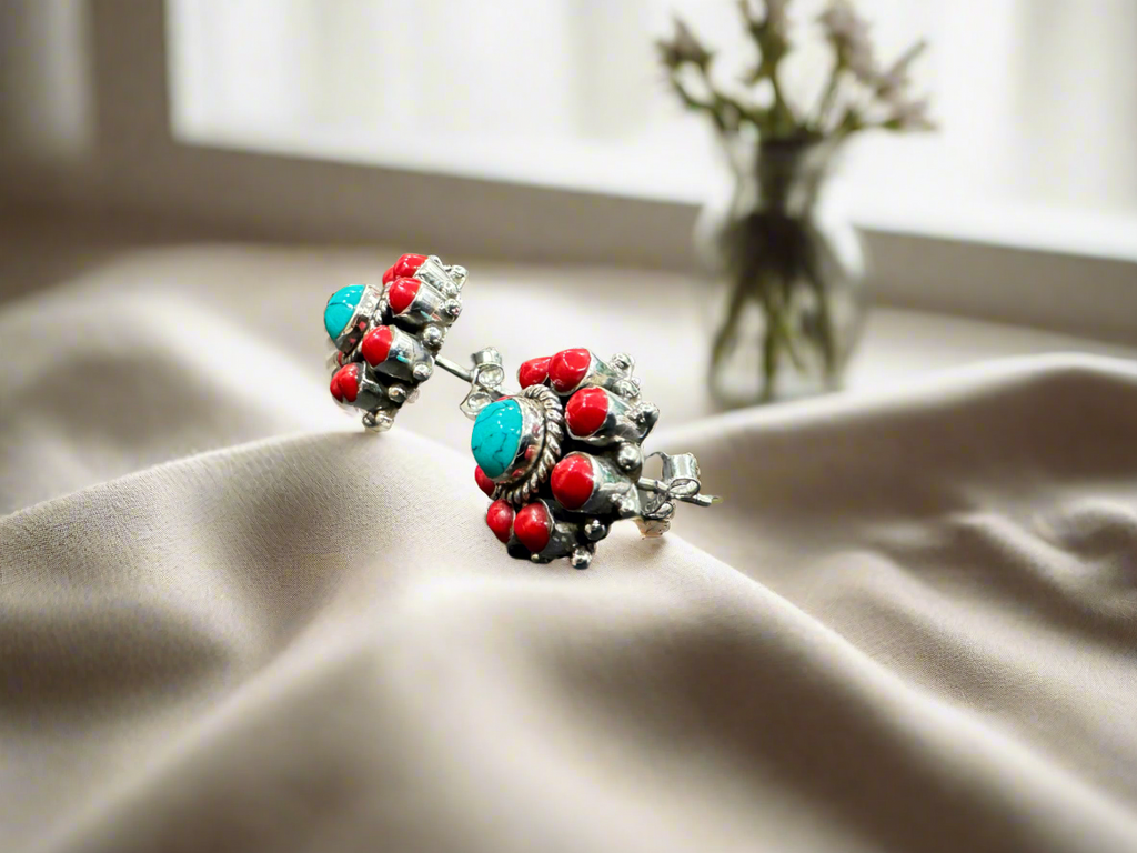 Silver 92.5 Red Turquoise Round Earrings