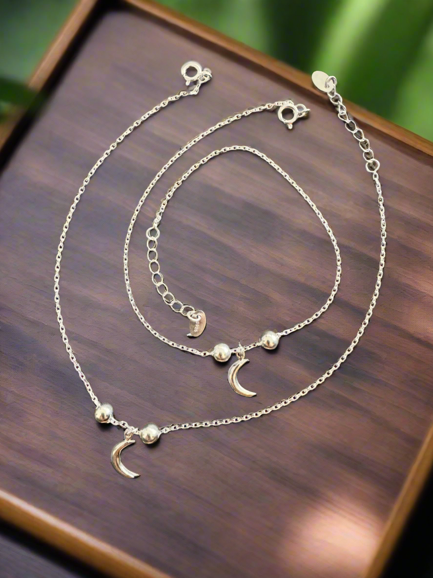 92.5 Silver Light Weight Anklets with Moon Charm