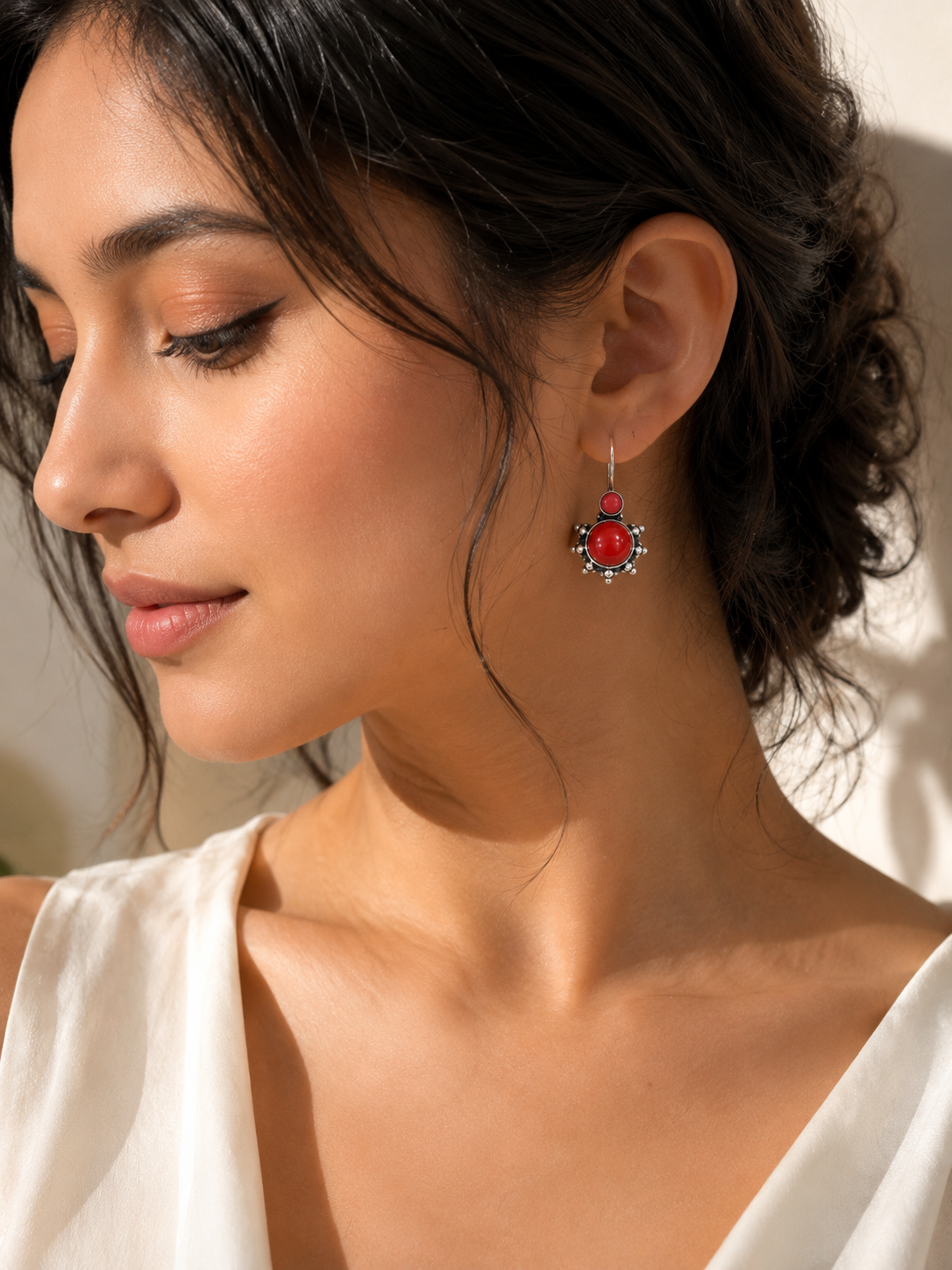 925 Silver Red Betel Hanging Earrings