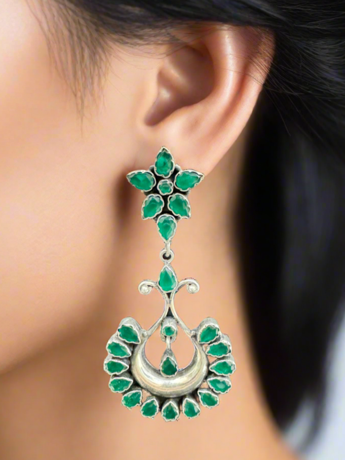 Silver Green Stones 92.5 Silver Hanging Earrings