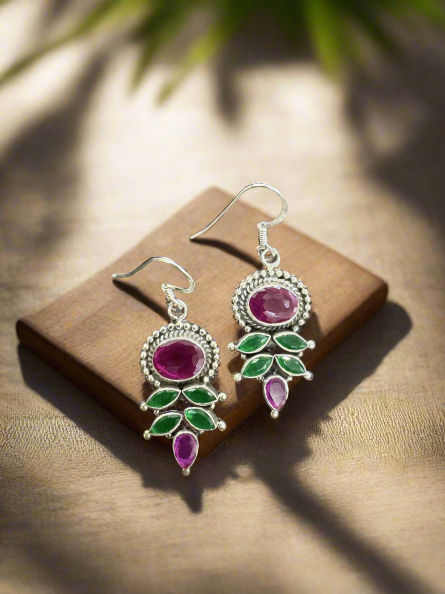 92.5 Silver Pink Green Hanging Earrings