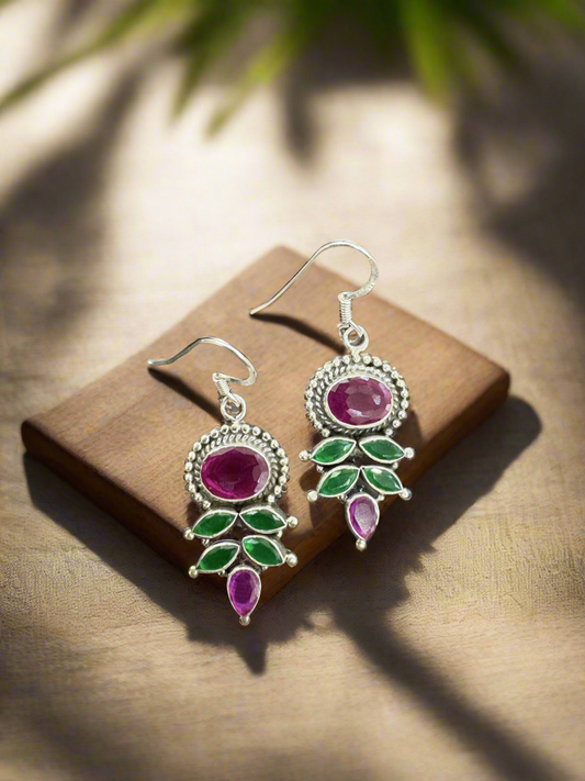 Silver Pink Green Hanging Earrings