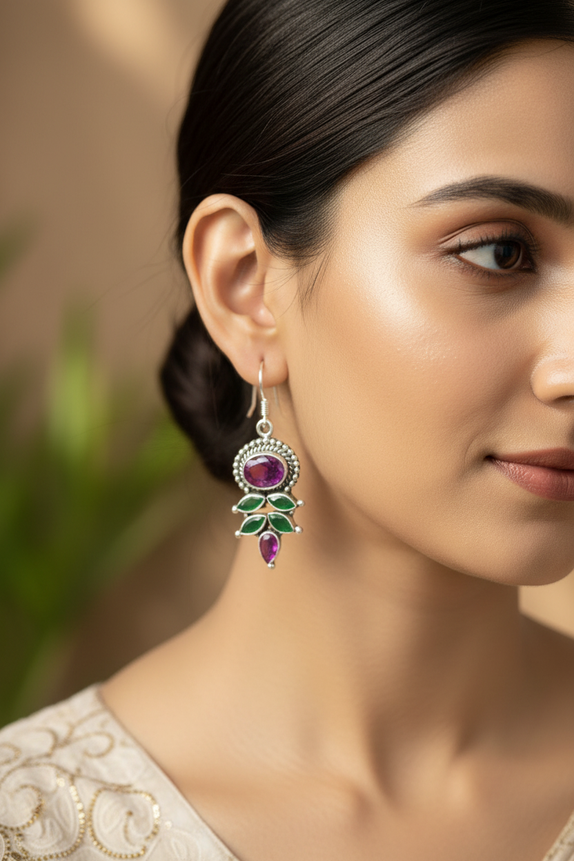 925 Silver Pink Green Hanging Earrings