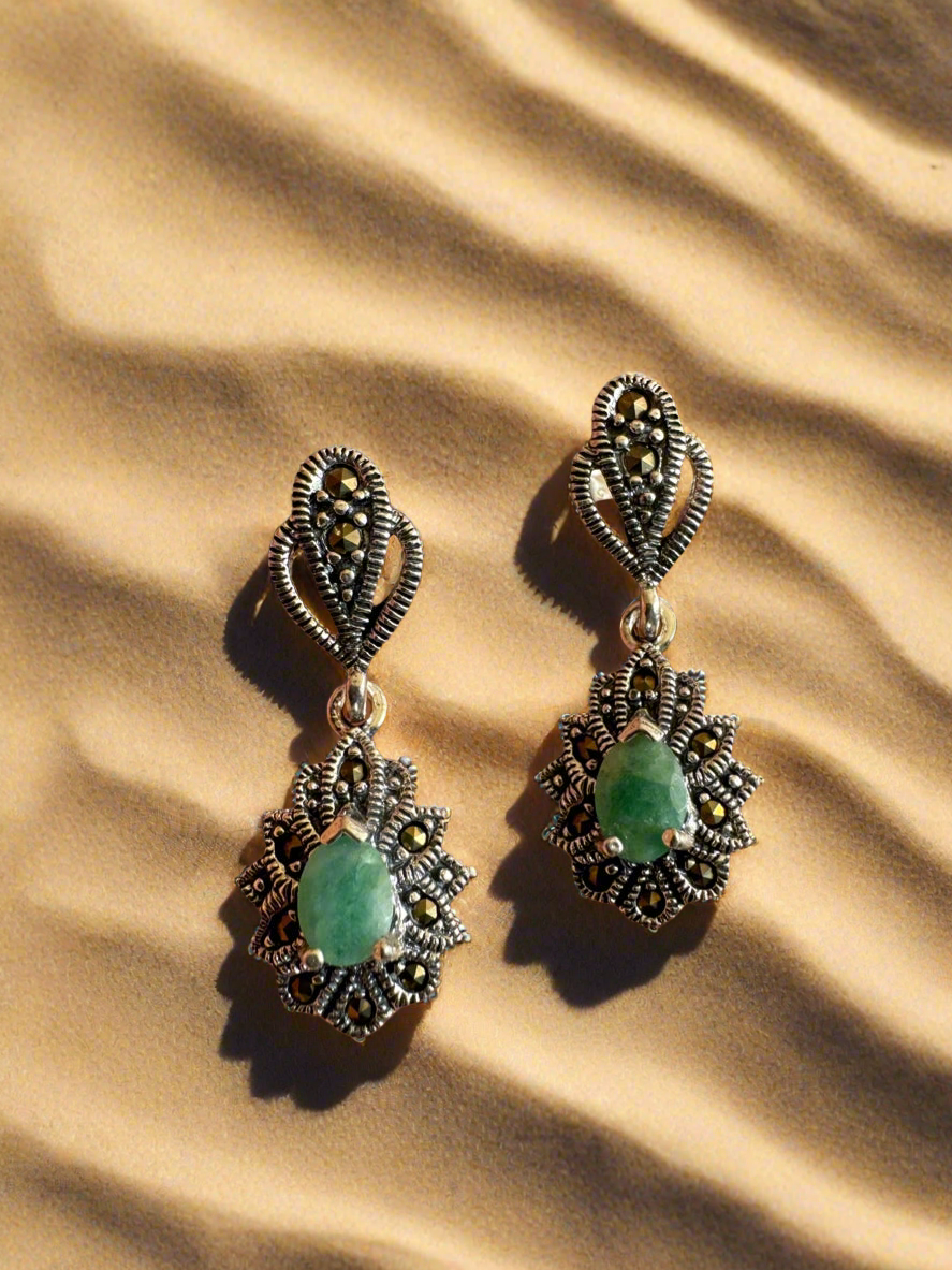 Silver Green Stone Earrings