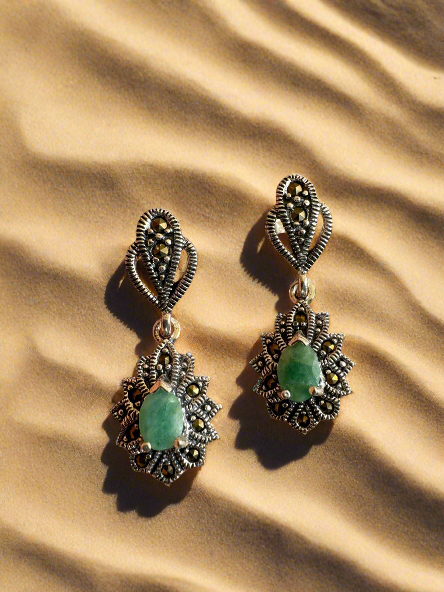92.5 Silver Green Stone Earrings