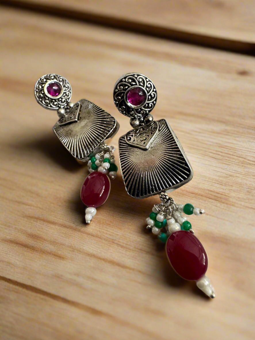 Antique 92.5 Silver Surya Trapezium Temple Earrings