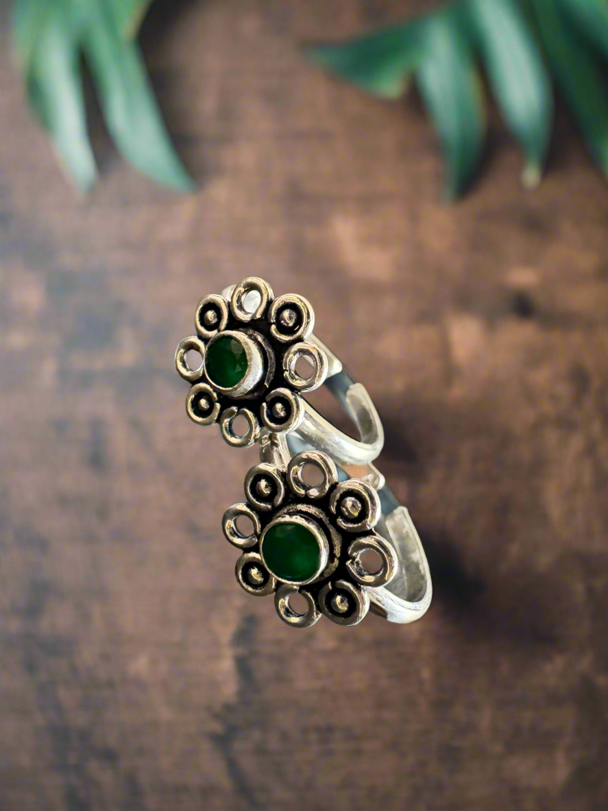 92.5 Silver Oxidised Red and Green Stone Toe Rings - Pair