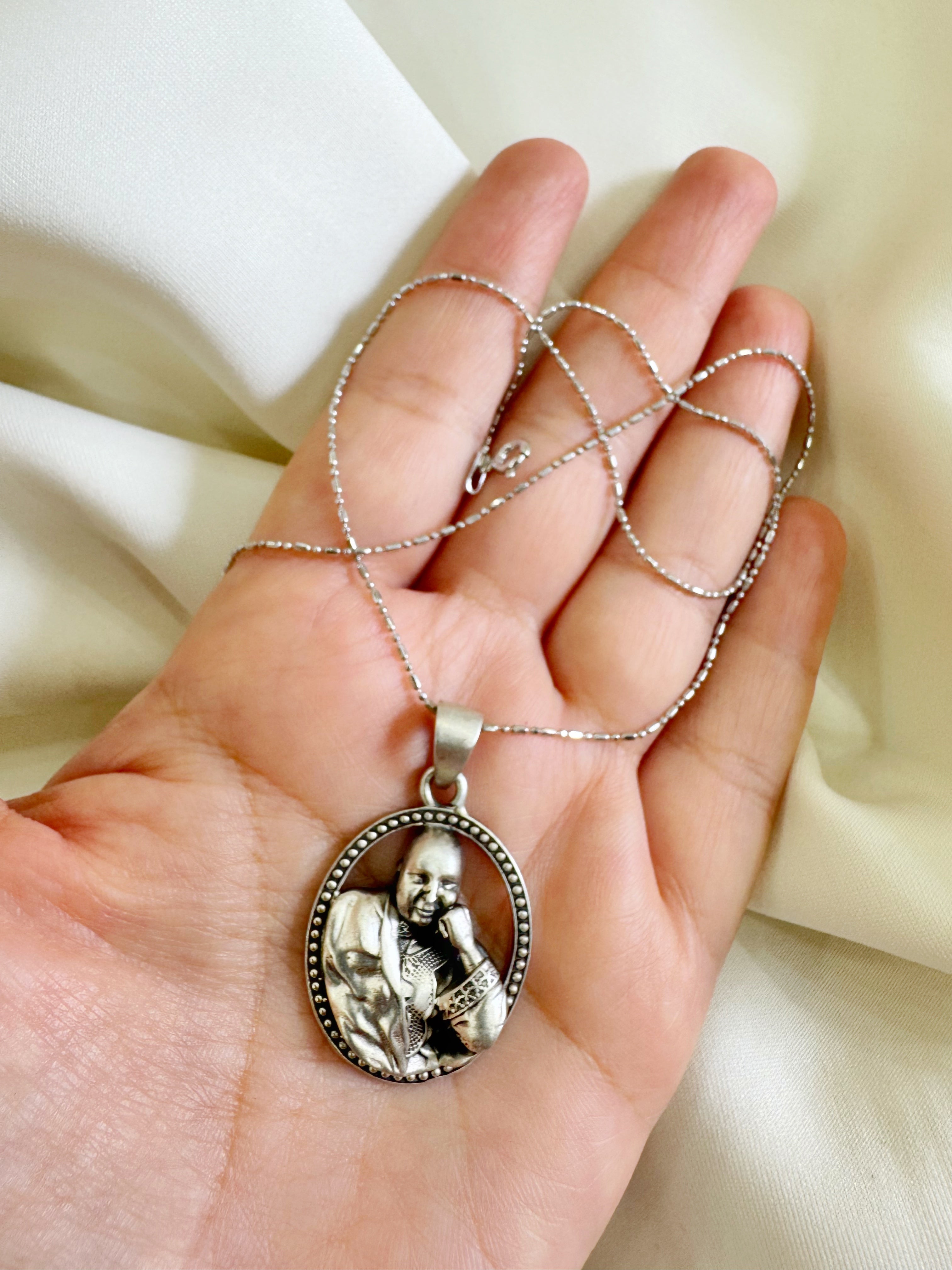 Guruji 92.5 Silver Handcrafted Big Oval Pendant (With or Without Chain)