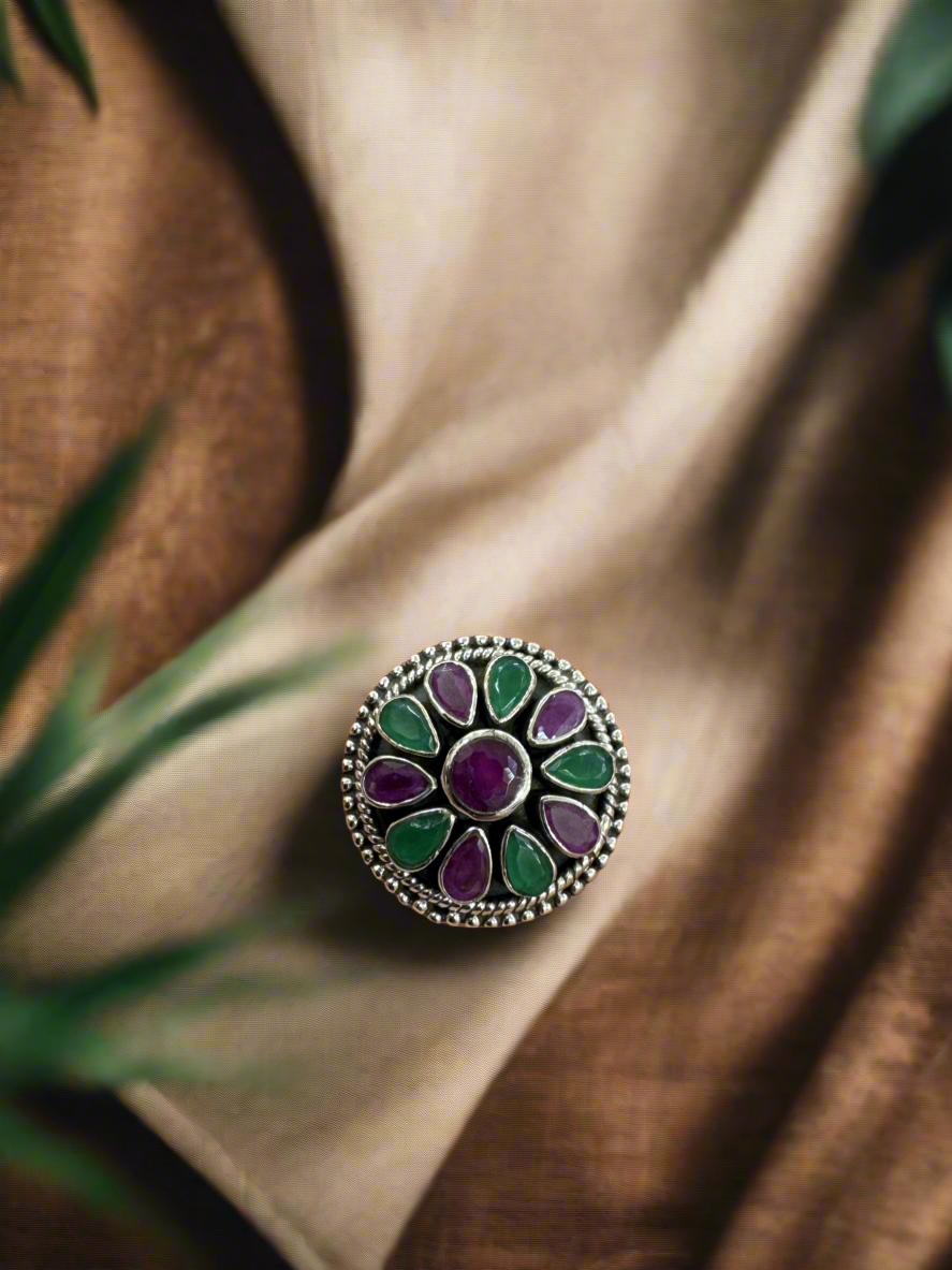 92.5 Silver Pink Green Round Stone Ring (Adjustable Size)