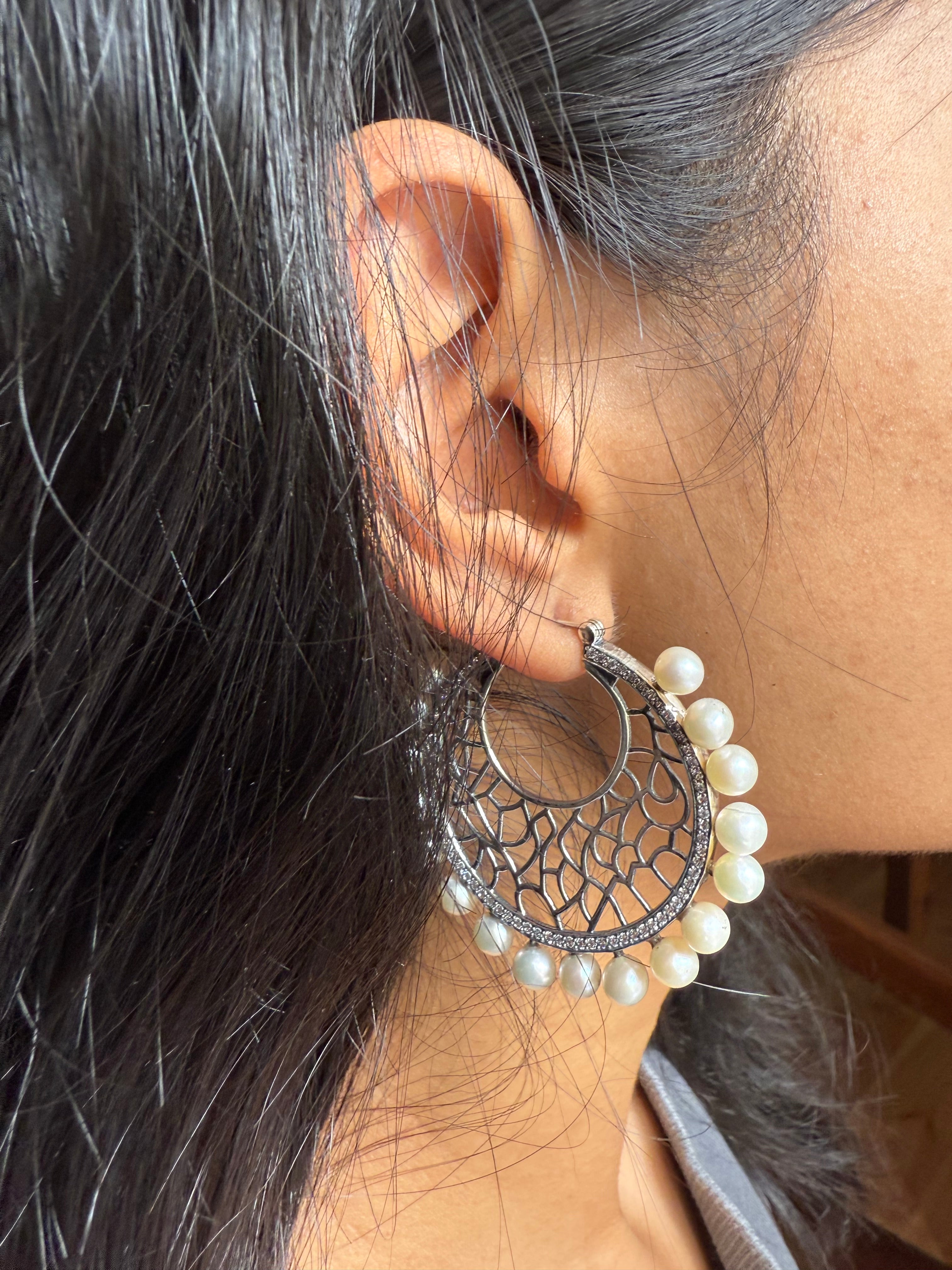 92.5 Silver Pearl Chand Bali Earrings