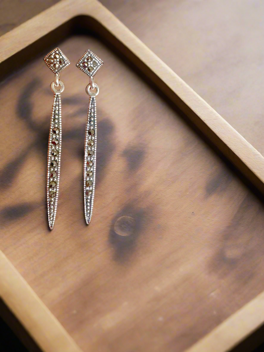 Regal Plume Marcasite Drop - 92.5 Silver Earrings