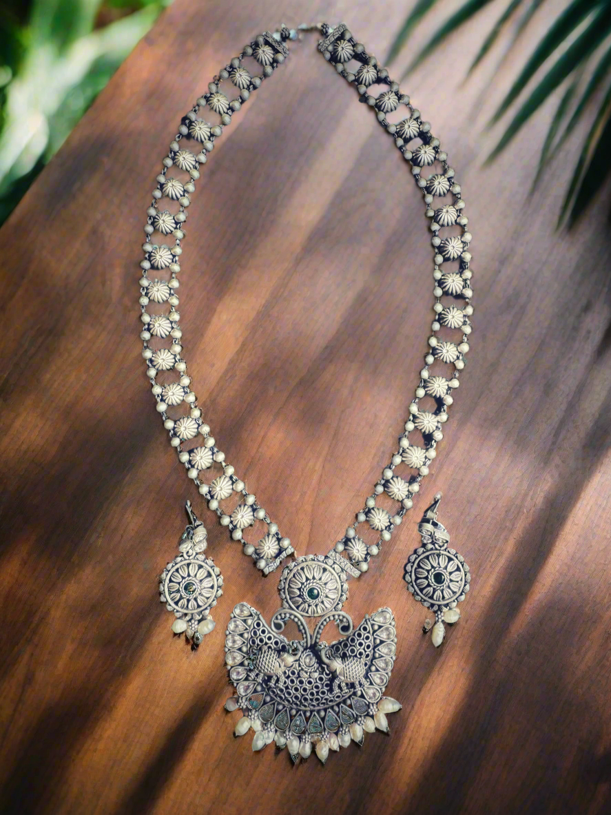 Antique Silver Elephants Temple Necklace Set