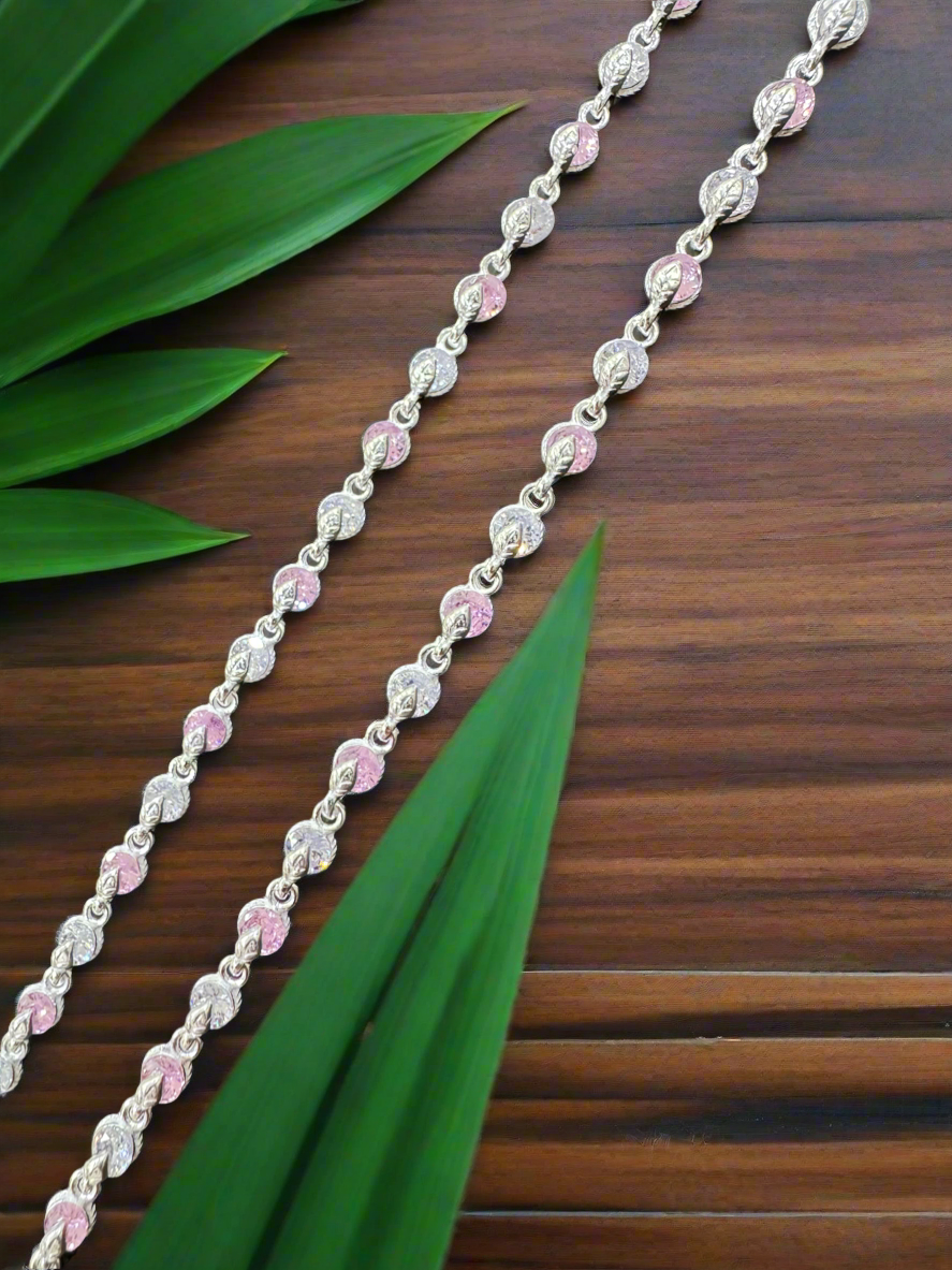 92.5 Silver Round Pink Stones Anklets - Pair