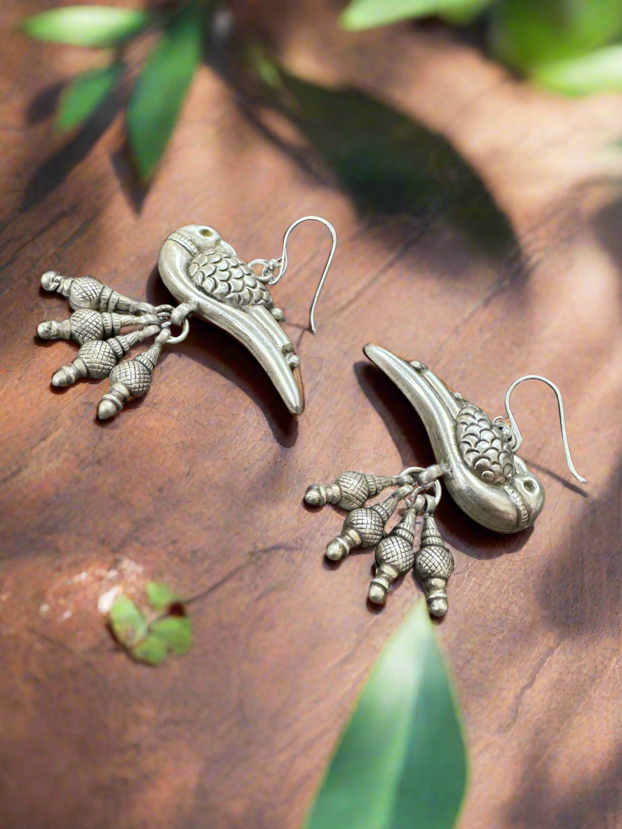 Tribal Rustic Parrot Hanging 92.5 Silver Statement Earrings