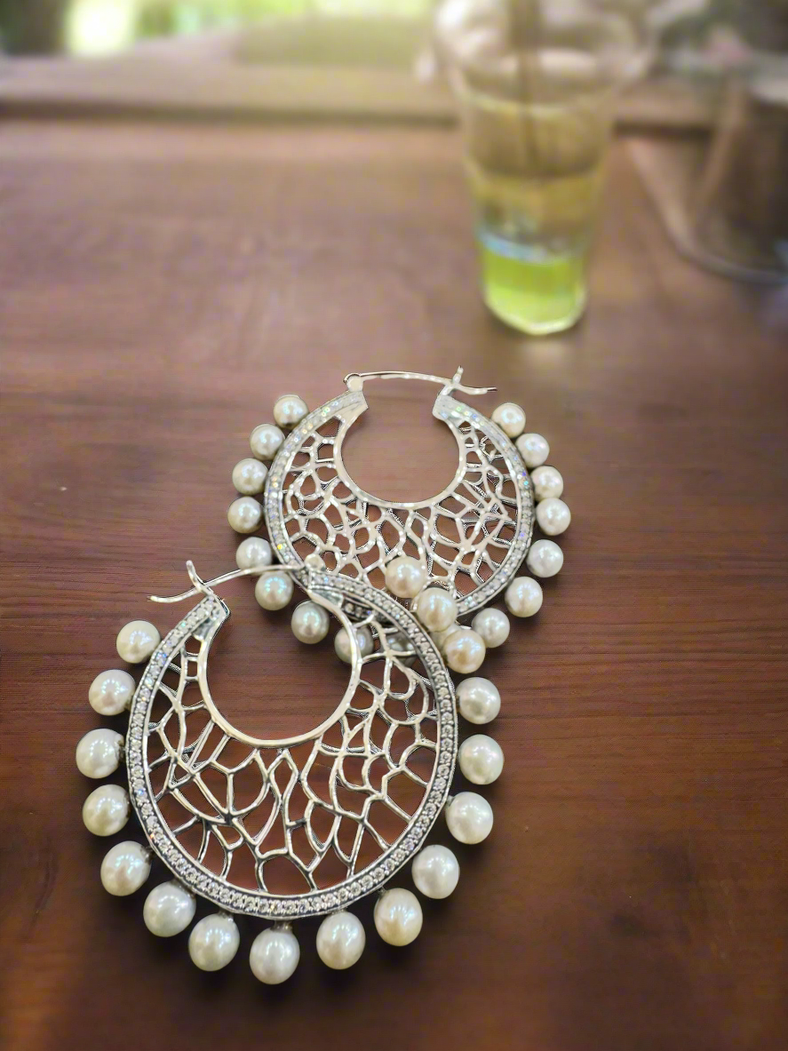 92.5 Silver Pearl Chand Bali Earrings