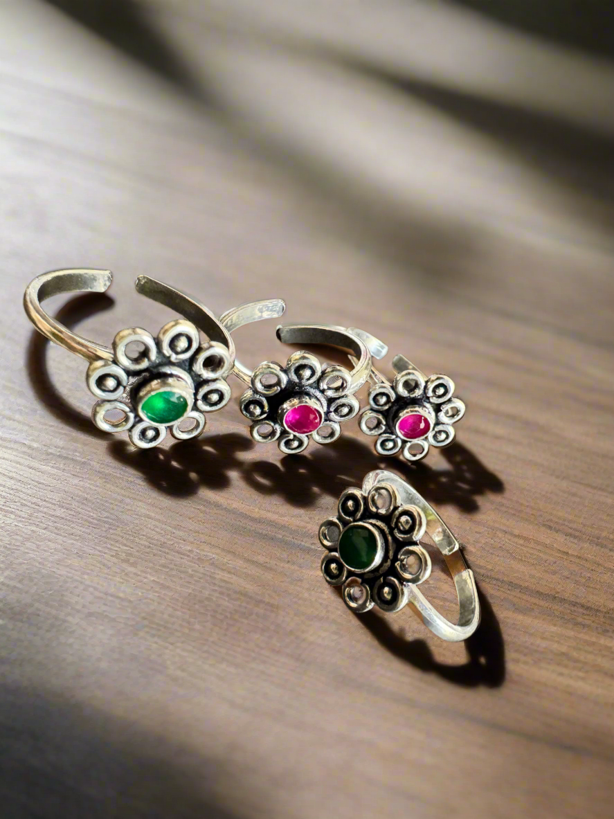 92.5 Silver Oxidised Red and Green Stone Toe Rings - Pair