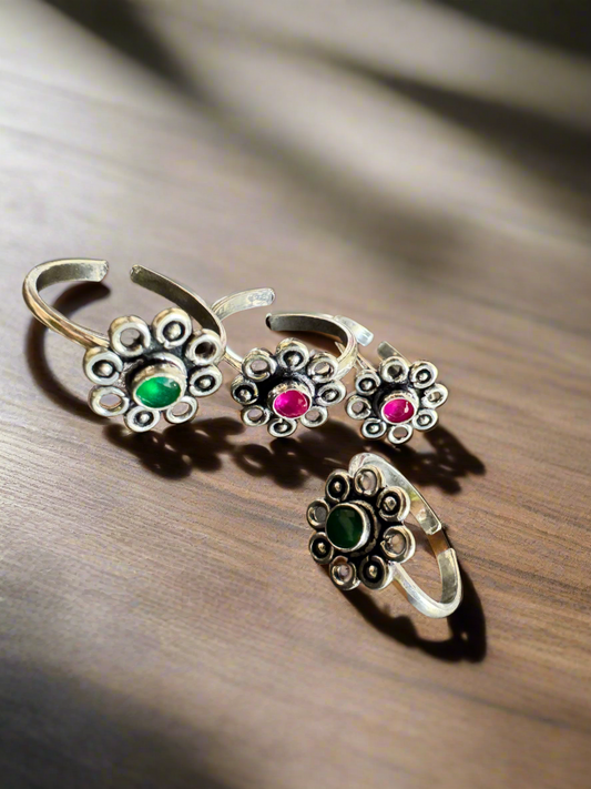 Pair of Silver Oxidised Red and Green Stone Toe Rings