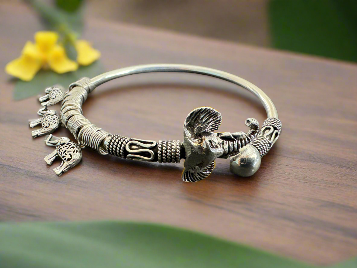 Antique 92.5 Silver Elephant Bracelet With Charms