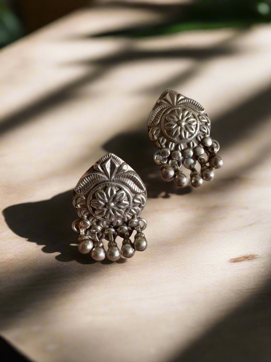 Bold Floral Jhumka Stud Earrings in 92.5 Silver – Handcrafted Heritage Charm